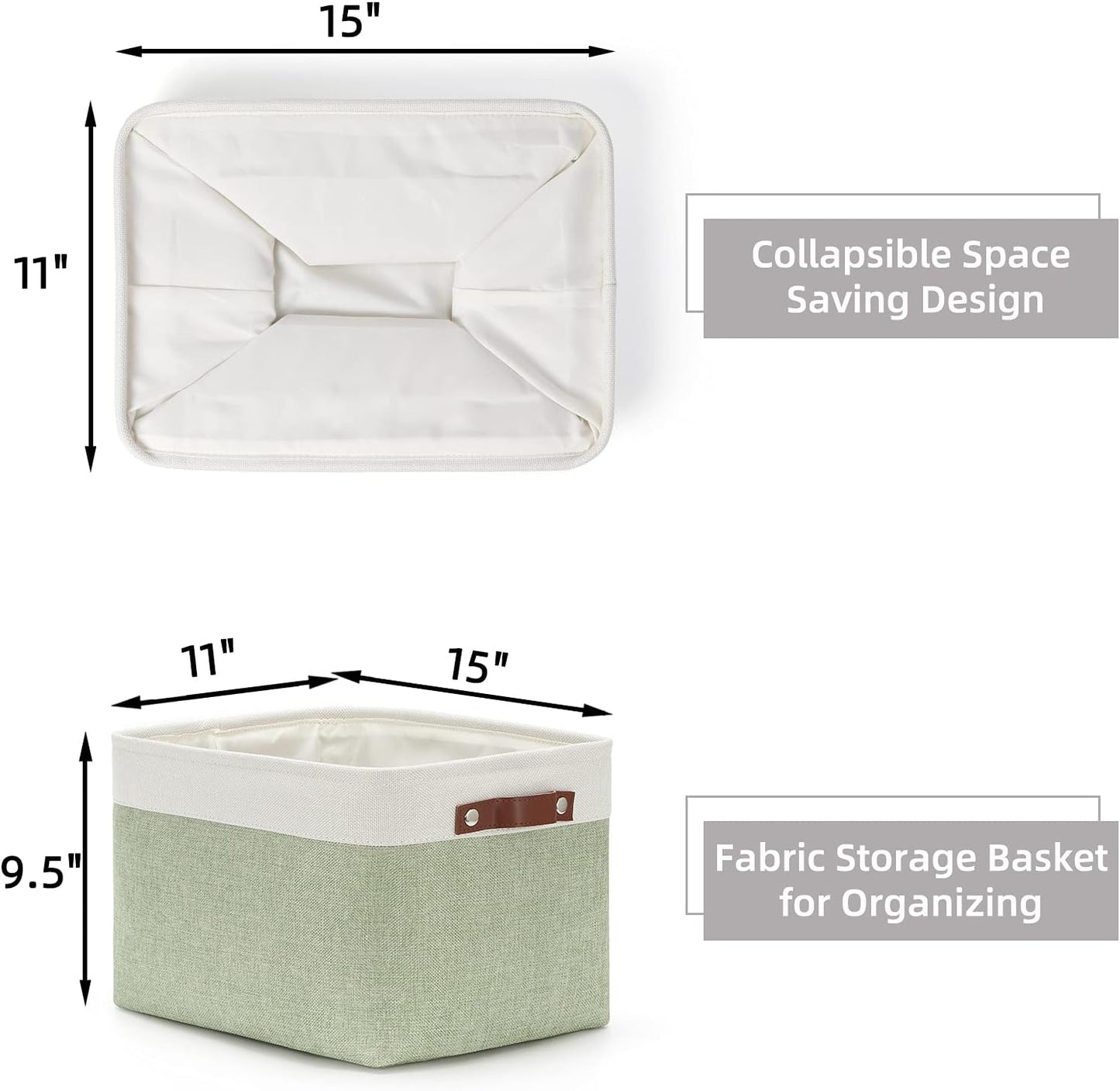 HNZIGE Storage Basket for Organizing Clothes(3 Pack) Decorative Storage Bins for Shelves Toys, Fabric Canvas Bins Storage Organizer with Handles(Gray&Green,15" X 11" X 9.5")