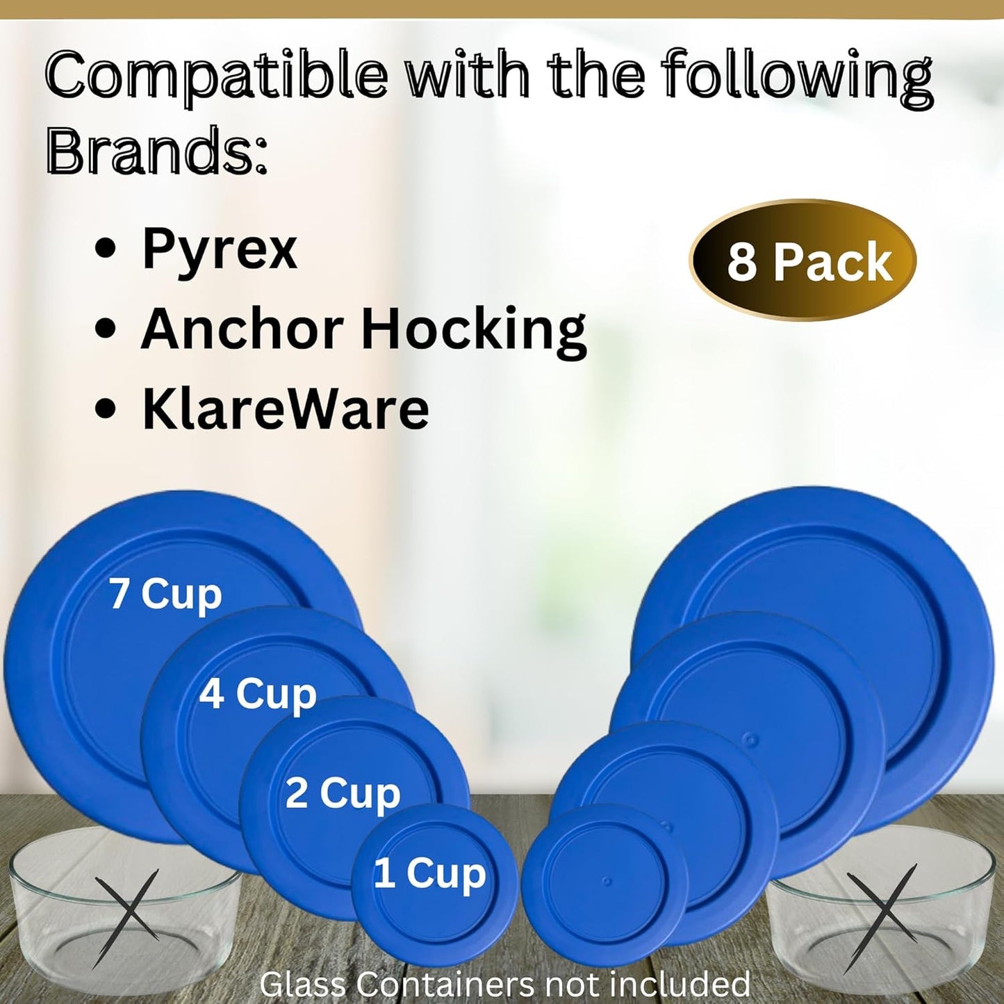 1, 2, 4 & 7 Cup Blue Replacement Lids/Covers for Pyrex, Anchor Hocking & KlareWare Storage Bowls *Lids Only Glass Container Not Included* (8 Pack *Two of Each Size*)