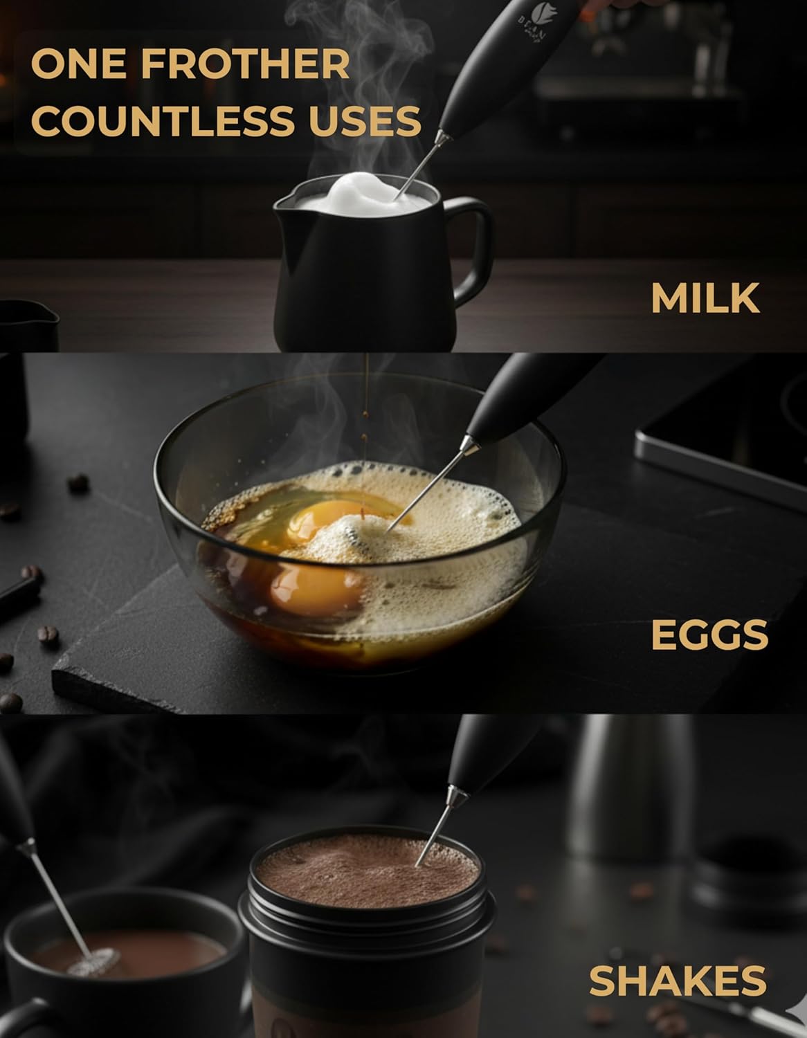 Bean Envy Milk Frother, Coffee Stirrers, Frother Wand, Milk Frother Handheld, Frother with stand, Hand Blender for Coffee, Lattes, Cappuccino, Matcha and Hot Chocolate – Kitchen Gifts - Black