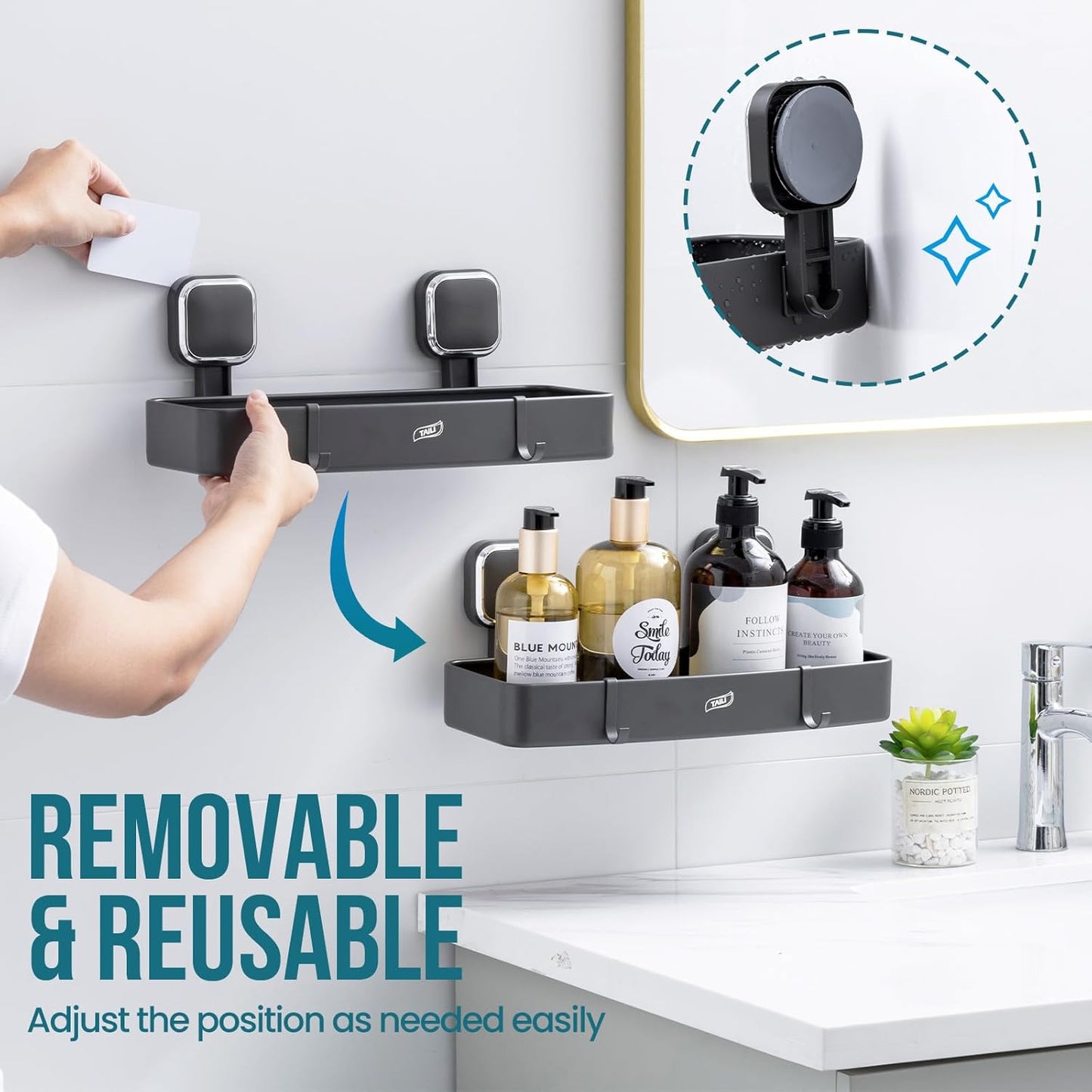 TAILI Shower Caddy Suction Cup, Heavy Duty Shower Organizer for Bathroom, Removable Shelves for Inside Shower, Wall Mounted Aluminum Storage for Bathroom Holder, Dark Gray