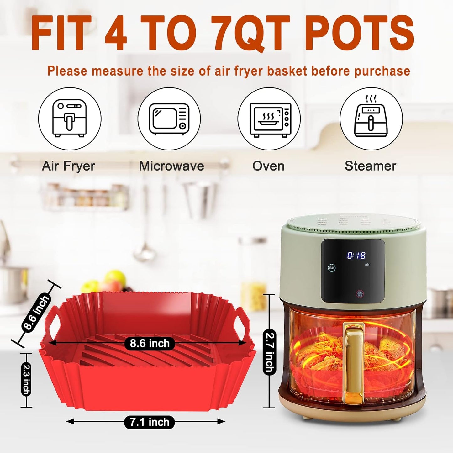 2 Pack Silicone Air Fryer Liners Reusable, 7.1 Inch Airfryer Liners 4-7 QT Square Air Fryer Liners Silicone Pot Oven Liner Baking Tray, Air Fryer Basket Mat Silicone Bowl Air Fryer Accessories