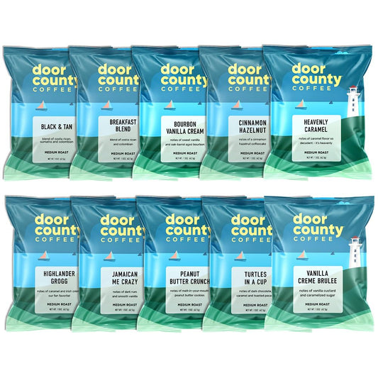 Gourmet Flavored Coffee Sampler Pack - 10 Bags of Unique Flavored Coffees – 100% Specialty Grade 1 Arabica -1.5 oz Full-Pot Bags - Roasted by Door County Coffee