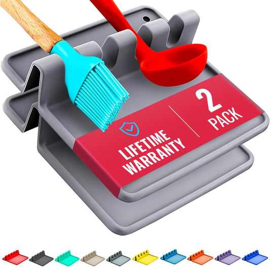 Silicone Spoon Rest for Stove Top with Drip Pad (2 Pack) - Heat Resistant BPA Free Utensil Rest & Kitchen Spoon Holder for Kitchen Counter - Grill Countertop - Spatula Holder, Tongs, Ladle - Gray