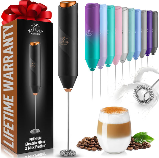 Zulay Kitchen FrothMate Powerful Milk Frother Portable & Compact Handheld Foam Maker Lattes, Cappuccinos (Black with Copper, Froth Mate)