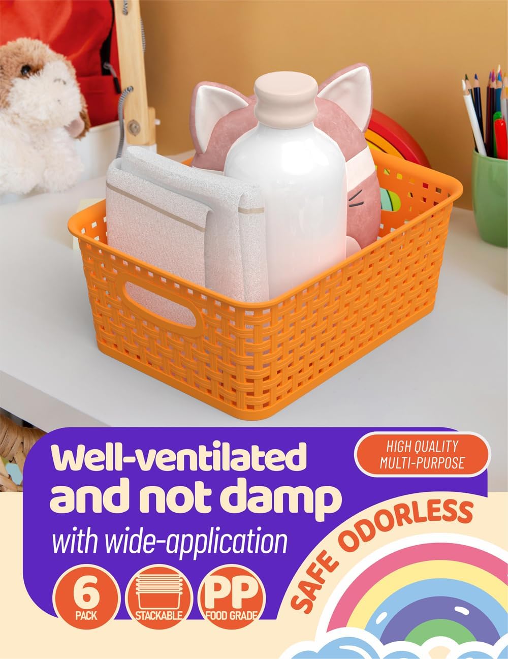 WYT 6-Pack Plastic Small Shelf Storage Weave Baskets Organizing for Cabinets and Pantries, Orange