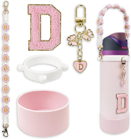 SITKOL Silicone Boot Cute Monogram Set Compatible with Owala Water Bottle 24 oz, 32 oz, 40 oz - Perfect Letter Owala Accessories for Owala Tumbler, Owala Free Sip, Pink Owala, Black Owala