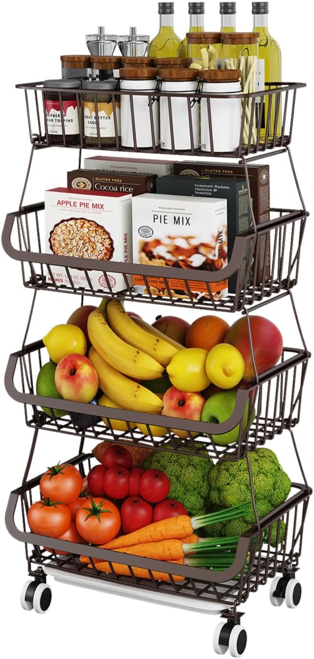 Miyawell Fruit Vegetable Storage Basket for Kitchen - 4 Tier Stackable Metal Wire Baskets Cart with Rolling Wheels Utility Fruits Rack Produce Snack Organizer Bins for Pantry Bathroom Laundry Bronze