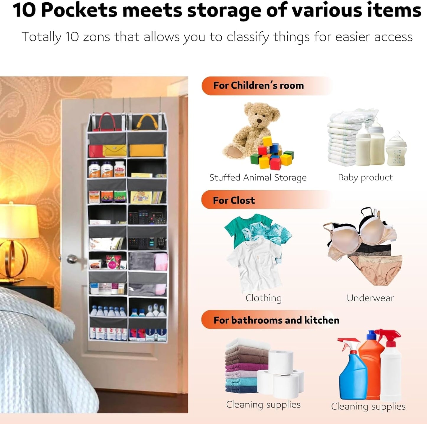 2 Pack Over the Door Organizer 5 Tiers, Extra Large Behind Door Storage of 10 Compartments, 80 lbs Weight Capacity Over Door Organizer, Door Hanging Organizer for Closet, Diaper Organizer,Room storage