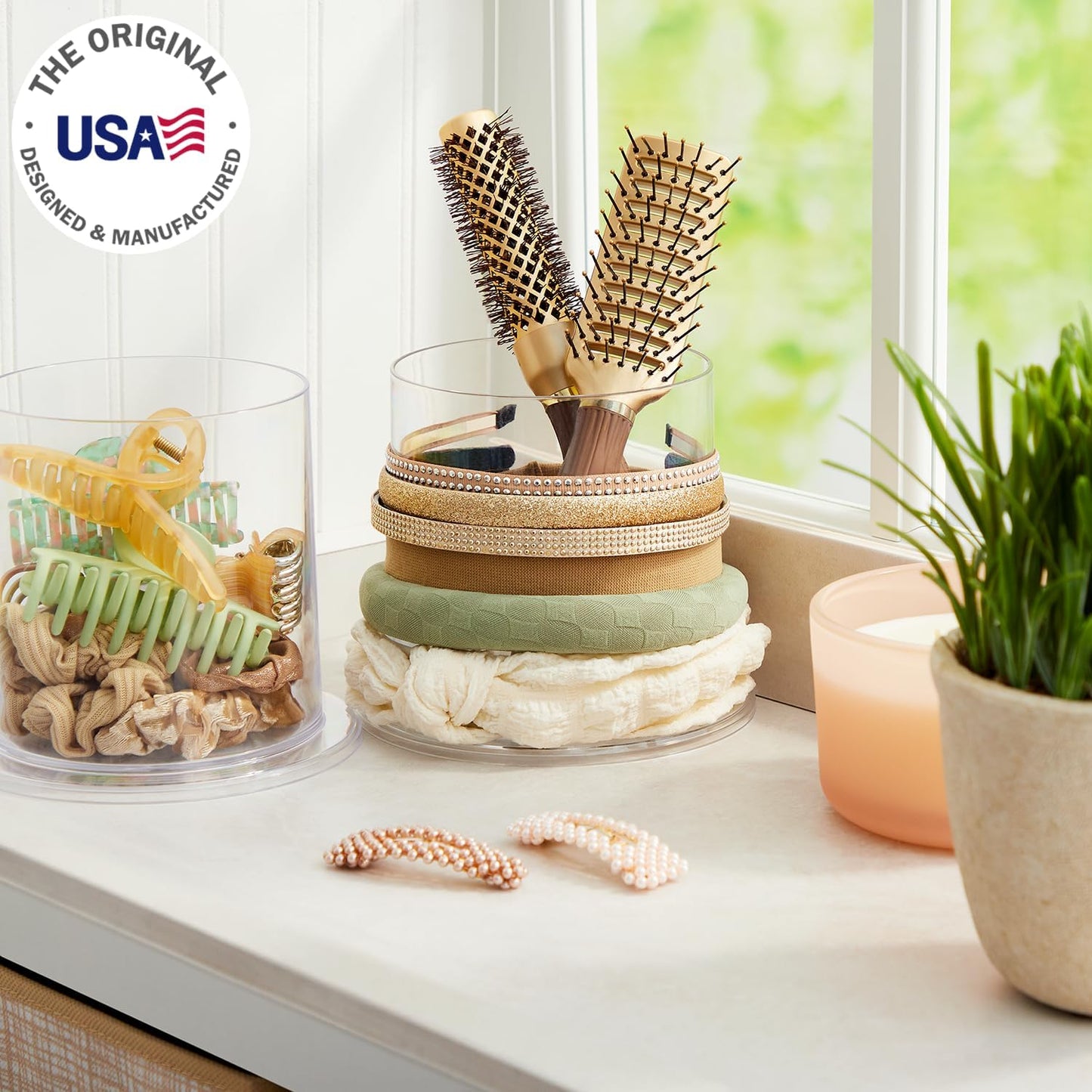 STORi Bella 2-Pack Headband and Scrunchie Holder | Clear Plastic Organizer Display Stand | Holds Hair Ties, Accessories, and Jewelry | Made in USA