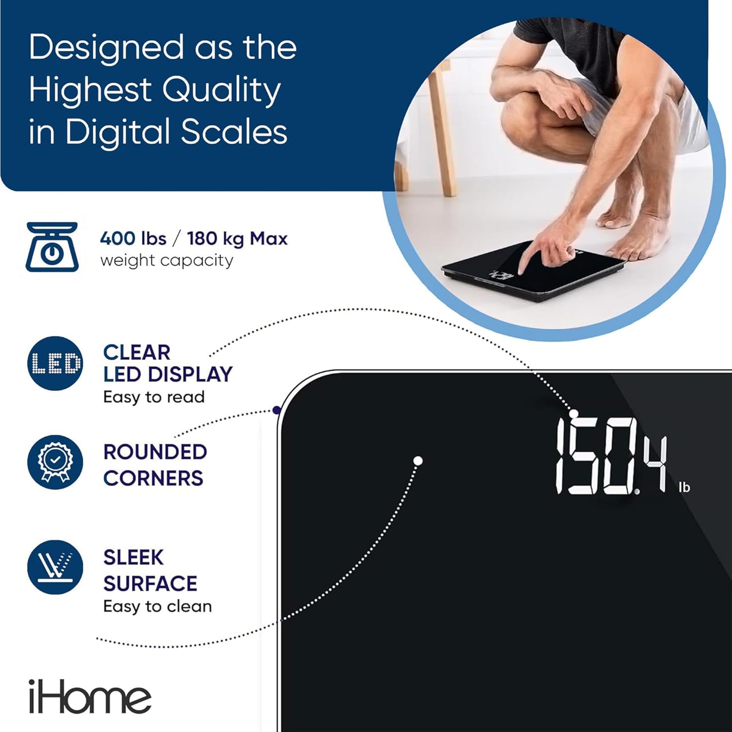iHome Digital Scale, Bathroom Scale, Batteries Included, Scale Body Weight, Weight Scale, Bathroom Scales for Weight, Digital Scales for Body Weight (Black)