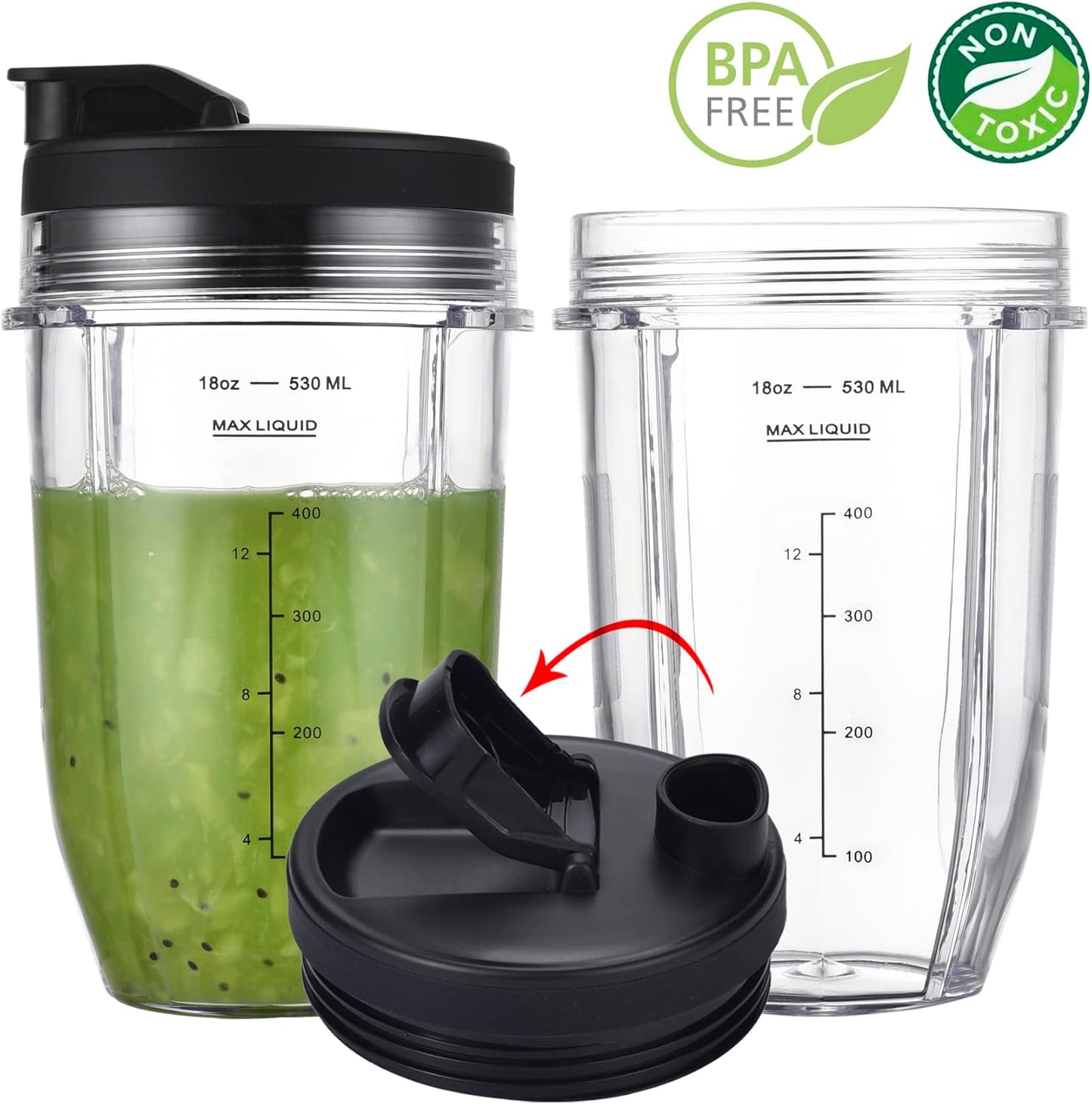 [Upgraded] Replacement 18oz Cups for Nutri Ninja Blenders, Blender Replacement Parts with Upgraded Lid For Auto-IQ BL480, BL482, BL490, BL640, BL642, & BL680 Auto IQ Series Blenders., 2 Pack