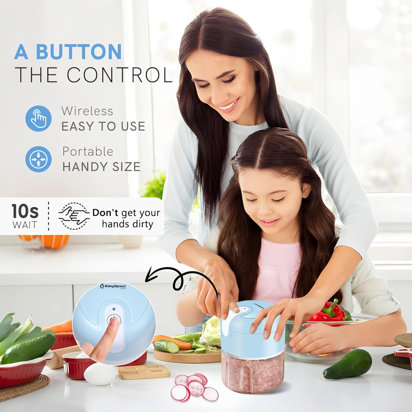 EASYSPEED Electric Garlic Chopper 1Cup, Mini USB Charging Wireless Food Processor with 304 Stainless Steel, 2 Sharp Blades, Portable Kitchen Meat Grinder for Onion, Garlic, Ginger, Baby Food