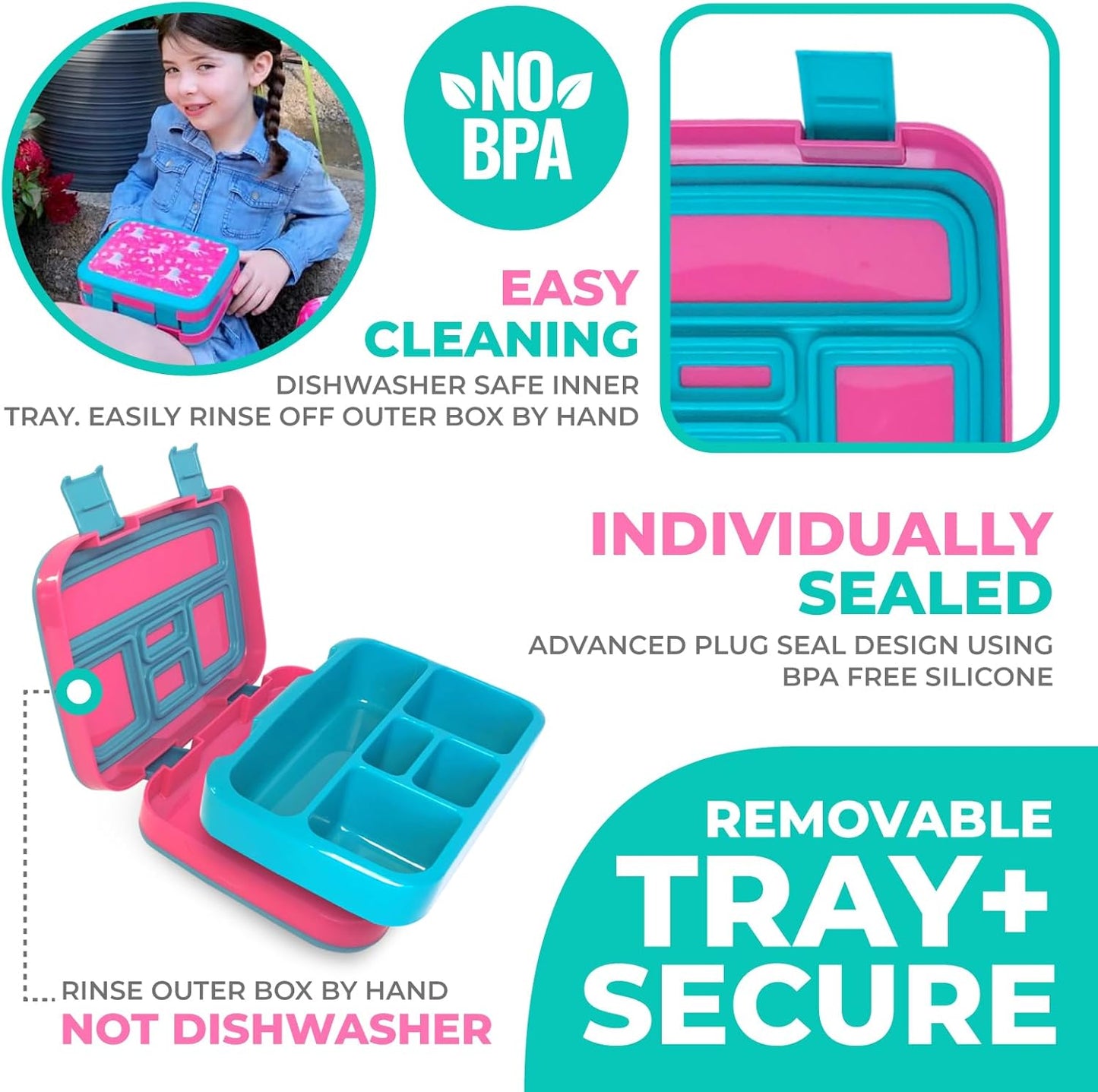 Bento Lunch Box with Insulated Bag, Water Bottle Ice Pack Set for Kids Toddlers, 5 Portion Sections, BPA Free Removable Tray, Pre-School Kid Toddler Daycare Lunches, Snack Container, Pink Unicorn