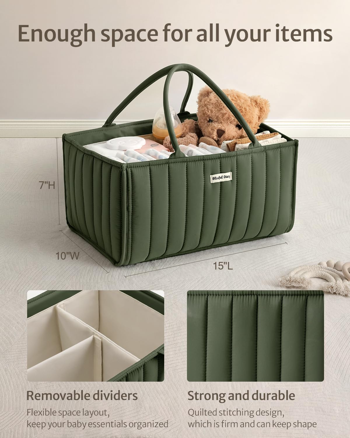 Blissful Diary Baby Diaper Caddy Organizer, Stylish Storage Basket for Newborn Essentials and Diaper Station, Gift for Baby Shower and Registry Must-Have, Deep Green
