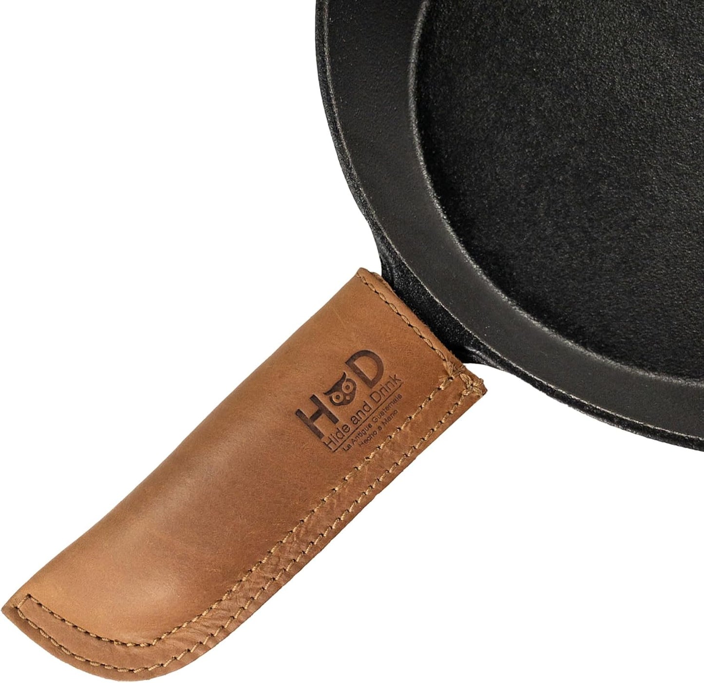 Hide & Drink, Full Grain Leather Hot Handle, Cast Iron Protector, Panhandle Potholder, Double Layered, Double Stitched, Slides On/Off Easily onto Metal Skillet Grips, Handmade, Single Malt Mahogany