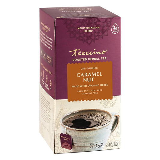 Teeccino Caramel Nut Herbal Tea - Rich & Roasted Herbal Tea That’s Caffeine Free & Prebiotic for Natural Energy, Coffee Alternative, 25 Count