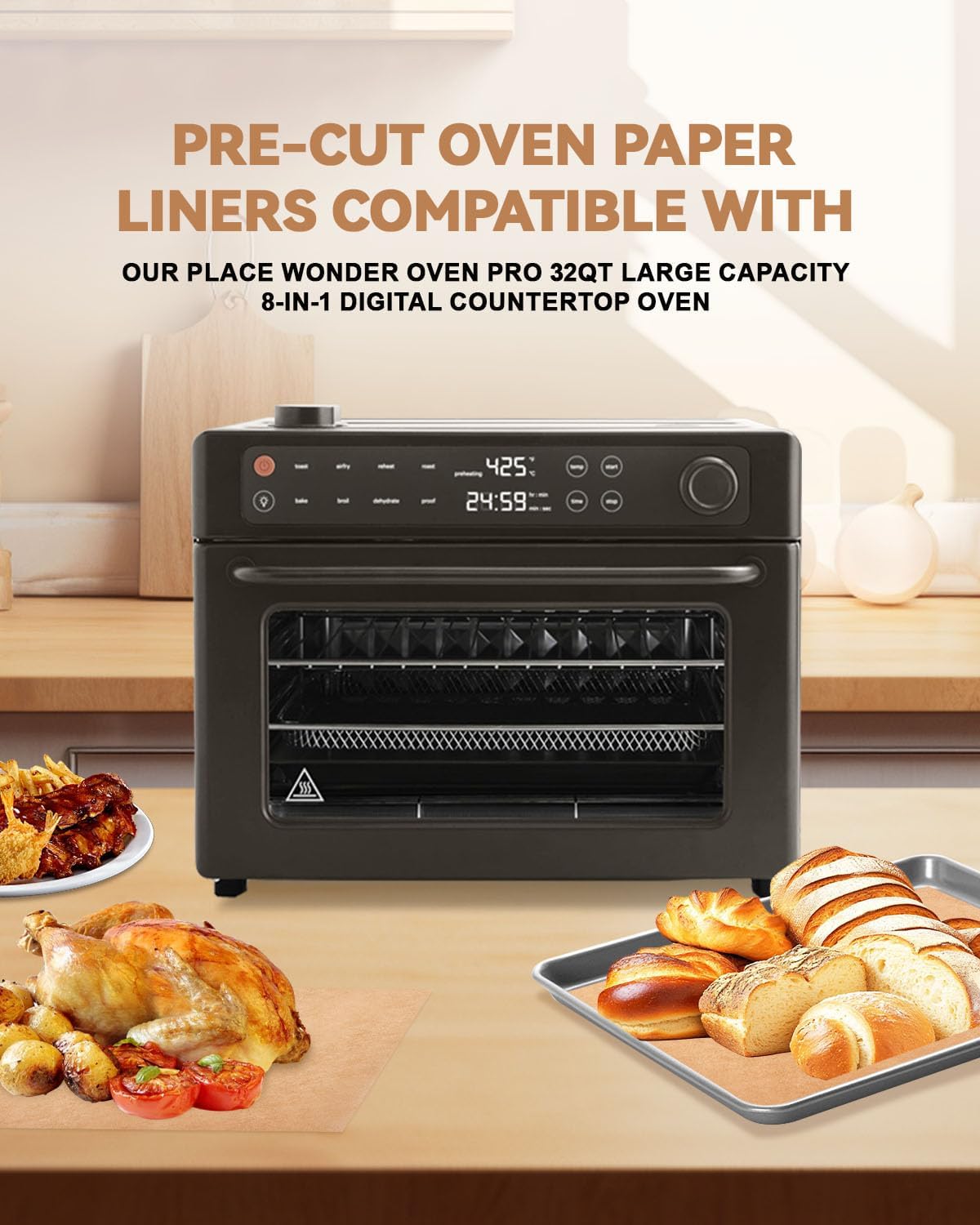 125PCs Air Fryer Parchment Paper Liners Compatible with Our Place Wonder Oven Pro 8-in-1 Digital Countertop Oven 32Qt, Precut Disposable Non Stick Baking Sheets for Easy Cleanup Oven Safe Up to 450°F