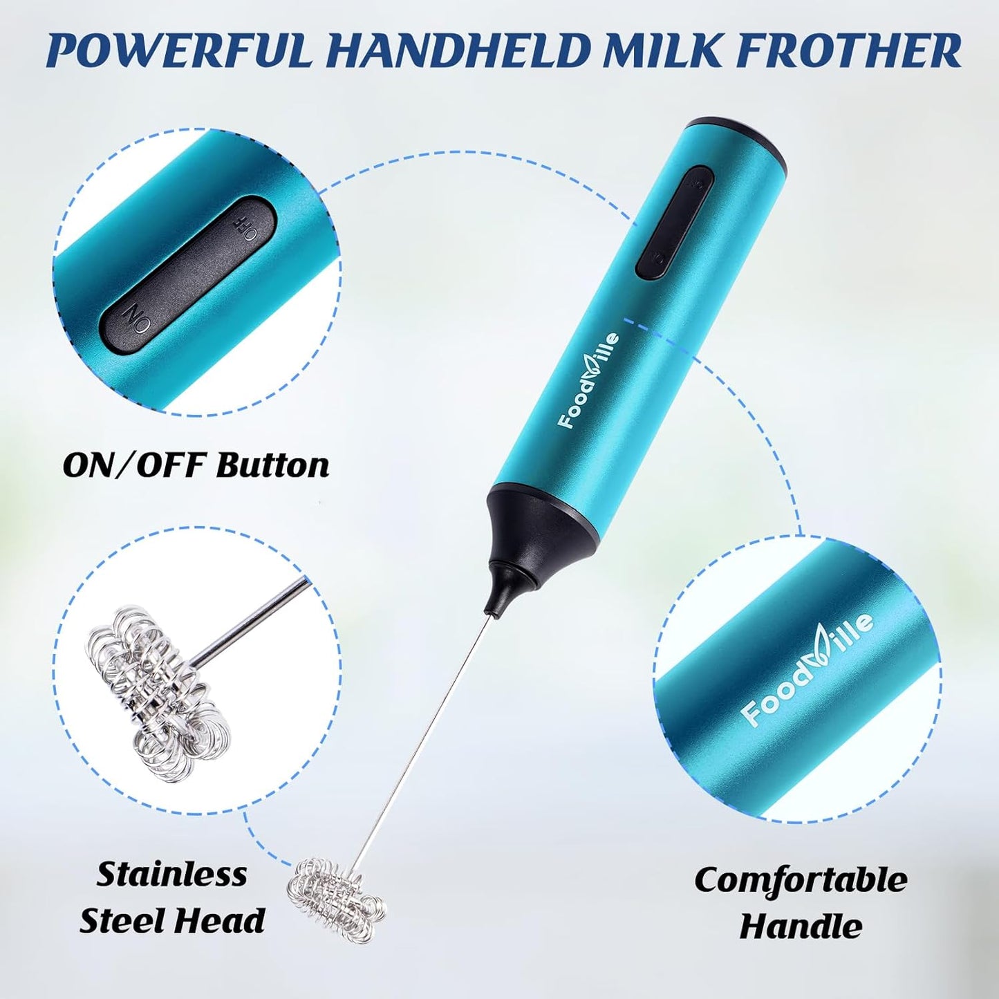 MF05 Rechargeable Milk Frother USB Charging Handheld Foam Maker with Stainless Balloon Whisk for Cappuccino, Latte, Bulletproof Coffee, Keto Diet, Protein Powder, Matcha (Azure Blue)