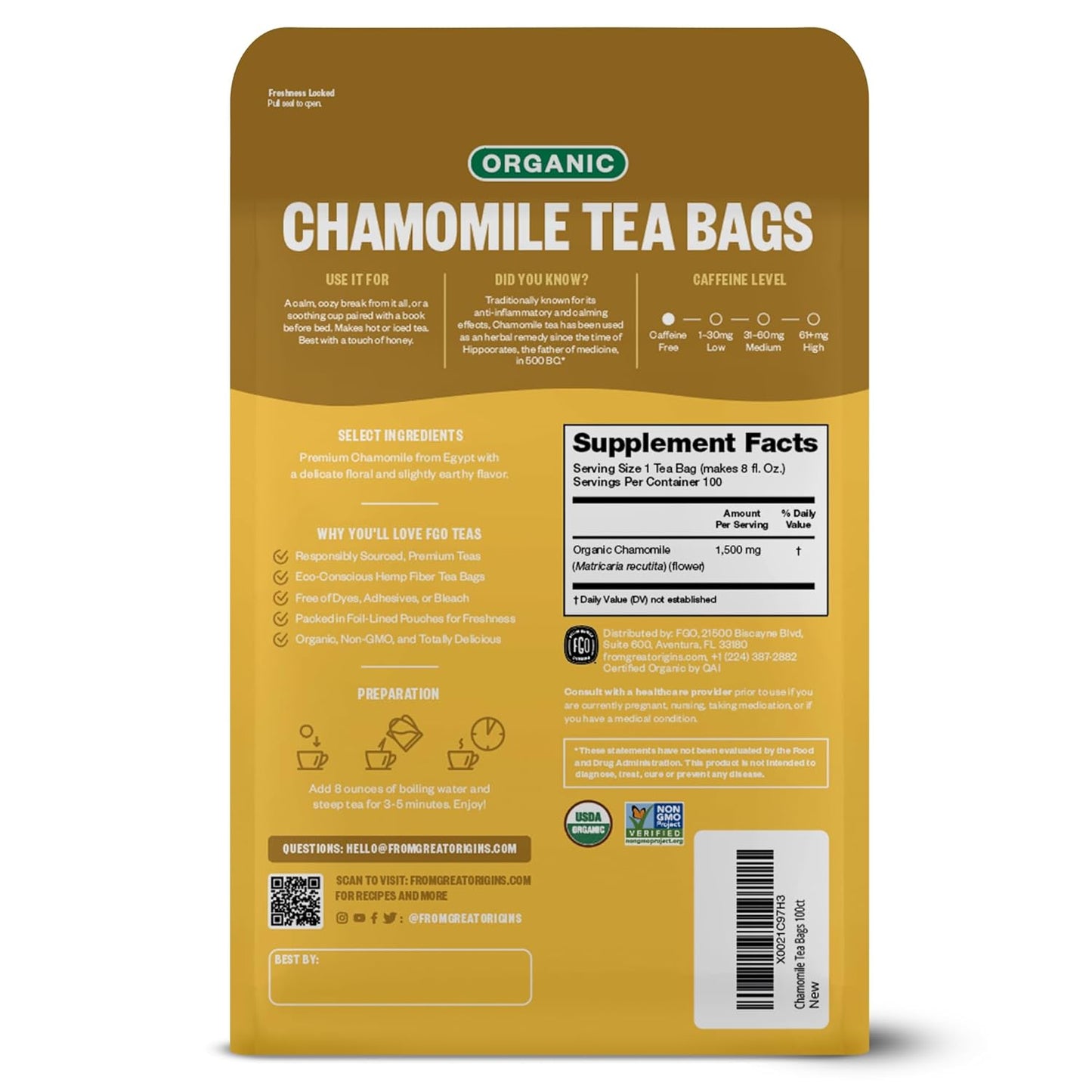 FGO Organic Chamomile Tea, 100 Eco-Conscious Tea Bags, Caffeine Free, Resealable Bag, Packaging May Vary (Pack of 1)