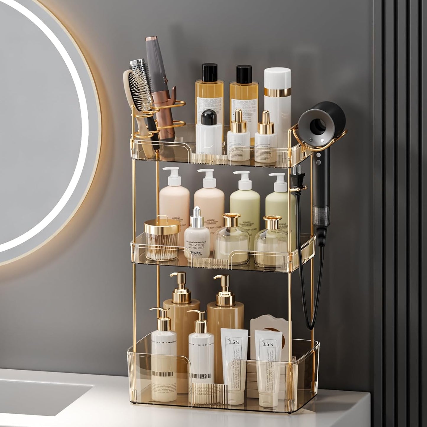 Bathroom Counter Organizer with Hair Dryer Holder, Hair Tool Countertop Storage, Cosmetics Skincare Shelf Organizer, Makeup Organizer Perfume for Dresser Vanity Tray(3 Tier-Gold)
