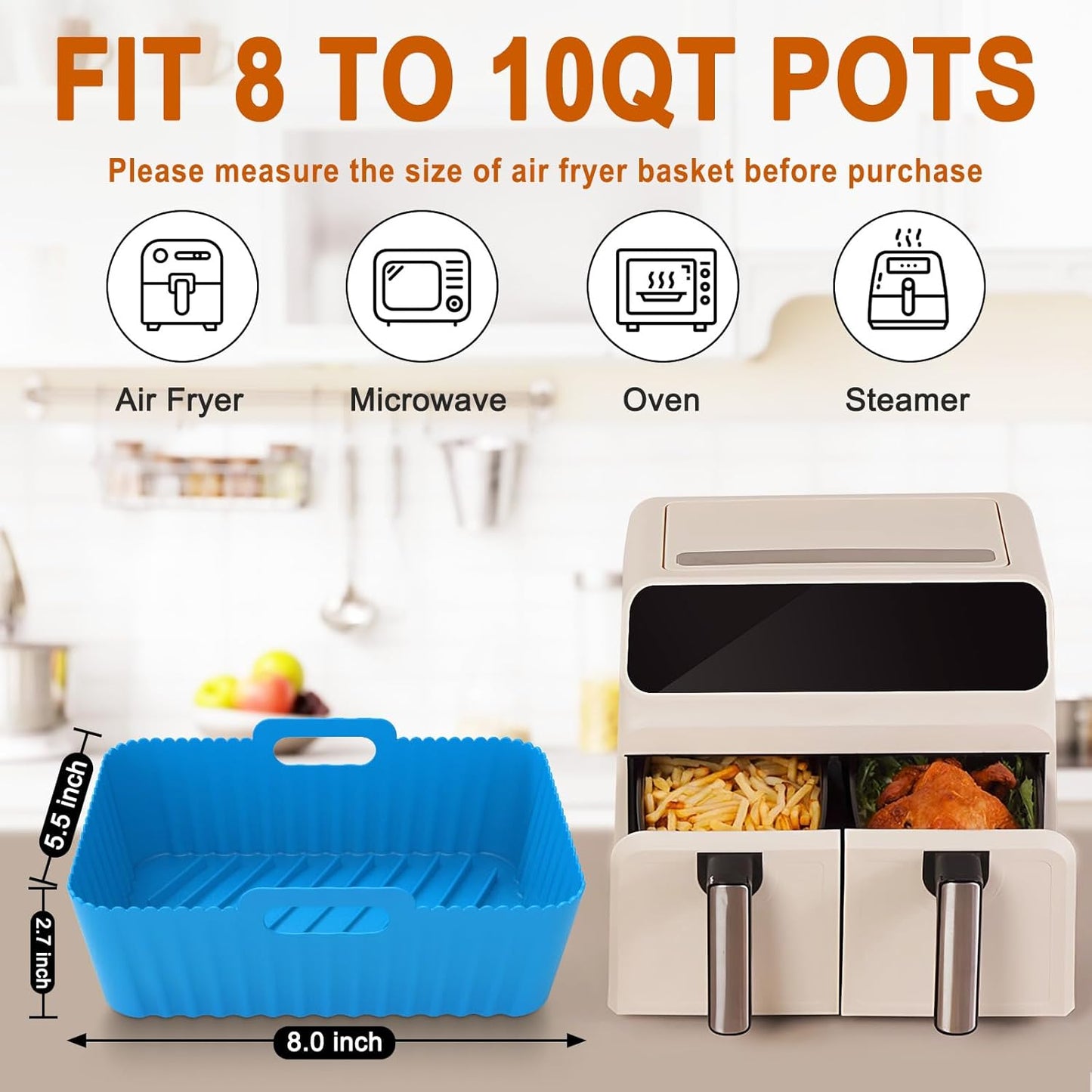 Silicone Air Fryer Liners Rectangle 2 Pack 8.0 Inch Airfryer Liners 8-10 QT Dual Air Fryer Liners Reusable Pot Oven Liner Baking Tray, Air Fryer Basket Silicone Mat Bowl Air Fryer Accessories Kitchen