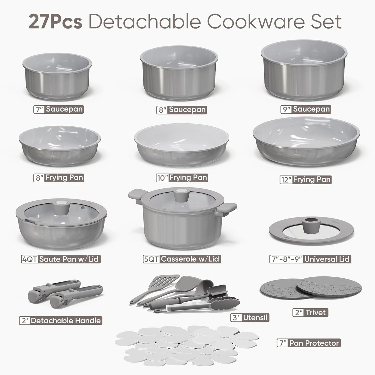 CAROTE 27pcs Ceramic Cookware Set Nonstick, Pots and Pans Set Non stick, Non Toxic Cookware, Dishwasher/Oven Safe, RV/Camping Cookware Set, Pan and Pot with Kitchen Utensils, Dark Gray