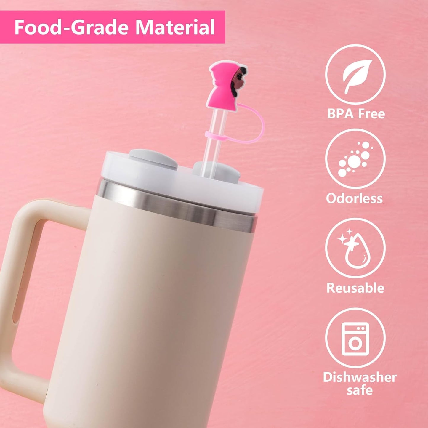 6Pcs Black Girl Straw Cover Cap for Stanley Cup Accessories, 10mm Cute Pink Drinking Straw Topper for 40oz 30oz Stanley Tumbler, Dust-Proof Reusable Straw Tips Gifts for Women