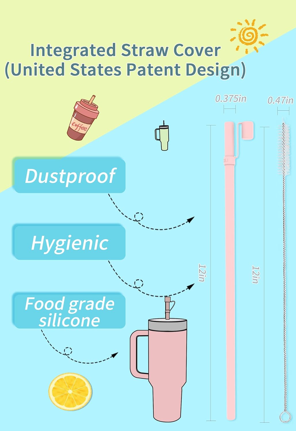 Reusable Replacement 12 inch Long Silicone Straw With Cover, Stocking Stuffers Gifts for Women Men Teens Girls Boys, Compatible with Stanley Tumbler Cup Accessorie 40 oz 30 oz (6 Pack)