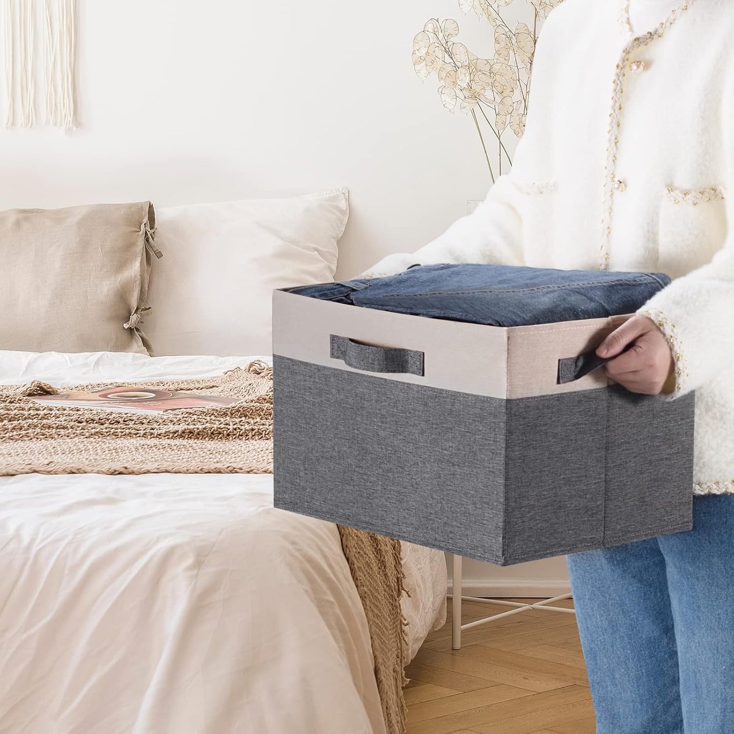 GhvyenntteS Large Fabric Storage Bins for Shelves with 3 Handles, 15x11x9.6in Closet Storage Bins, Sturdy Foldable Storage Baskets for Shelves Closet Bedroom Living Room Office (Beige, Set of 6)