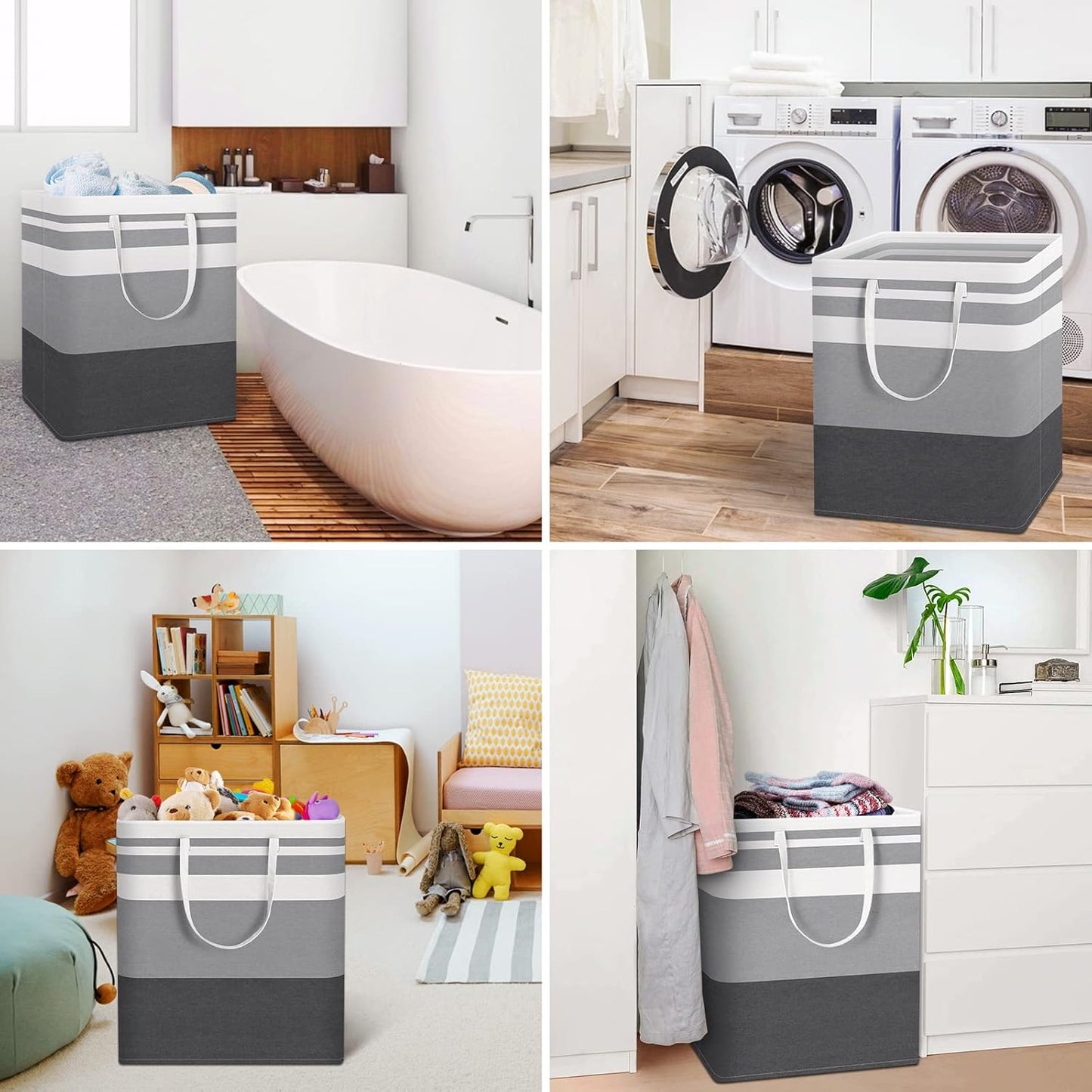 HomeHacks 2 Pack Large Laundry Baskets, Waterproof, Freestanding Laundry Hampers, Collapsible Clothes Hamper with Reinforced Handles in Laundry, College Dorm, Bathroom, Bedroom (Grey+Blue, 100Lx2)