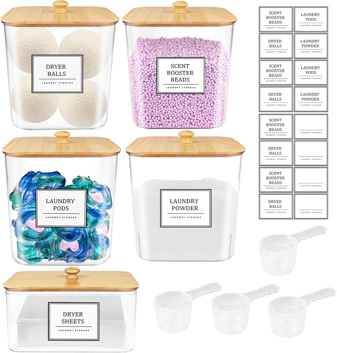 4+1 Pack Laundry Room Organization Containers,Clear Laundry Pods Container,Large Laundry Detergent Powder Storage Containers with Wooden Lids & Labels,Laundry Pods Holder for Scent Booster,Powder,Pods