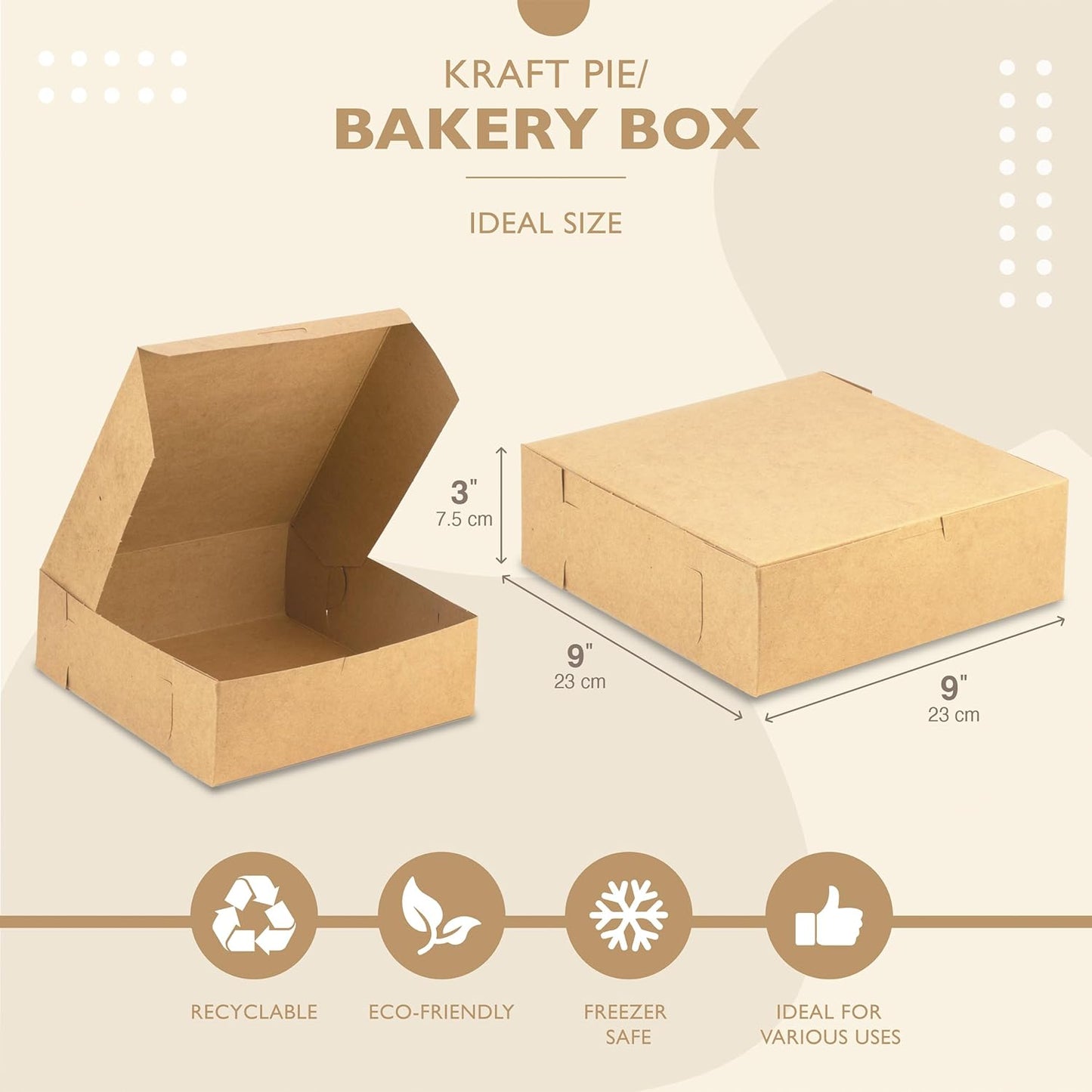 Fit Meal Prep 10 Pack Kraft Bakery Boxes, 9 x 9 x 3 Inches Brown Pastry Boxes, Cardboard Treat Boxes Pie Boxes Cookie Boxes Dessert Boxes for Cupcakes, Chocolates, Donuts, Macarons