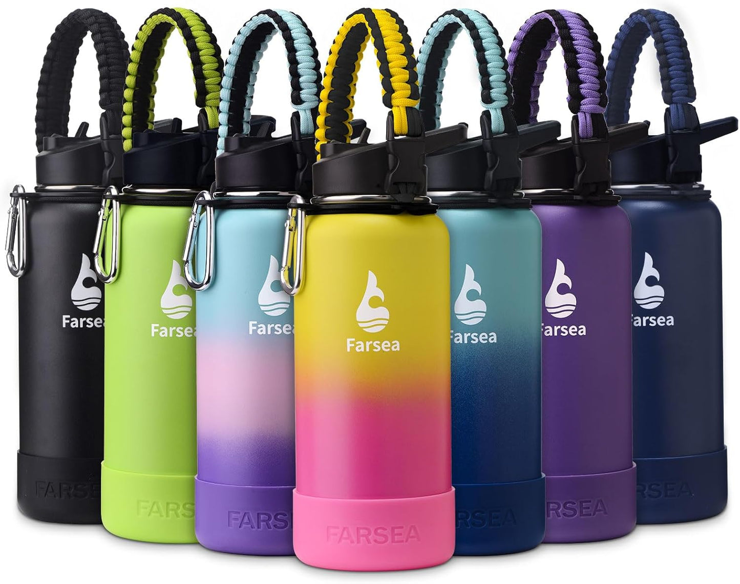 Farsea Insulated Water Bottle With Paracord Handle, Protective Boot and 2 Lids (Straw Lid & Spout Lid), Stainless Steel Water Bottle Wide Mouth, Double Wall Sweat-Proof BPA-Free, 32 oz