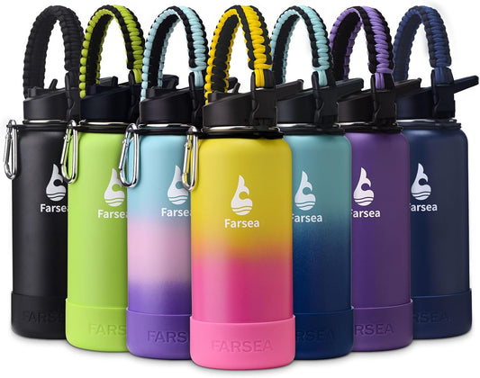 Farsea Insulated Water Bottle With Paracord Handle, Protective Boot and 2 Lids (Straw Lid & Spout Lid), Stainless Steel Water Bottle Wide Mouth, Double Wall Sweat-Proof BPA-Free, 32 oz