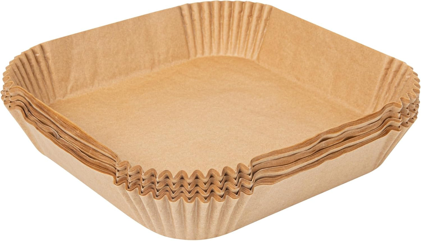 Restaurantware-Pastry Tek 8.1 x 8.1 x 1.8 Inch Air Fryer Liners, 100 Square Air Fryer Baskets - No-Stick Silicone Coating, Unbleached, Food-Grade Paper Liners, For Steamer, Microwave, Oven, Fry Pan
