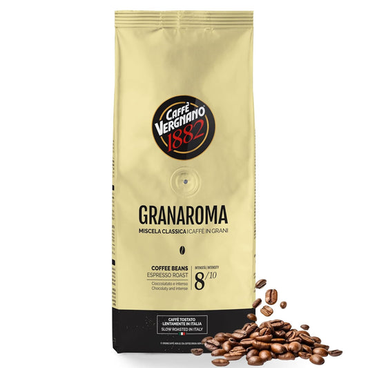 Caffe Vergnano 1882 Gran Aroma Whole Bean Arabica Medium Espresso Roast Coffee, 1.1lbs Bag - Italian Coffee Beans with Rich notes of Cocoa, Spices & Dried Fruit, Intensity 8/10-500g Bag