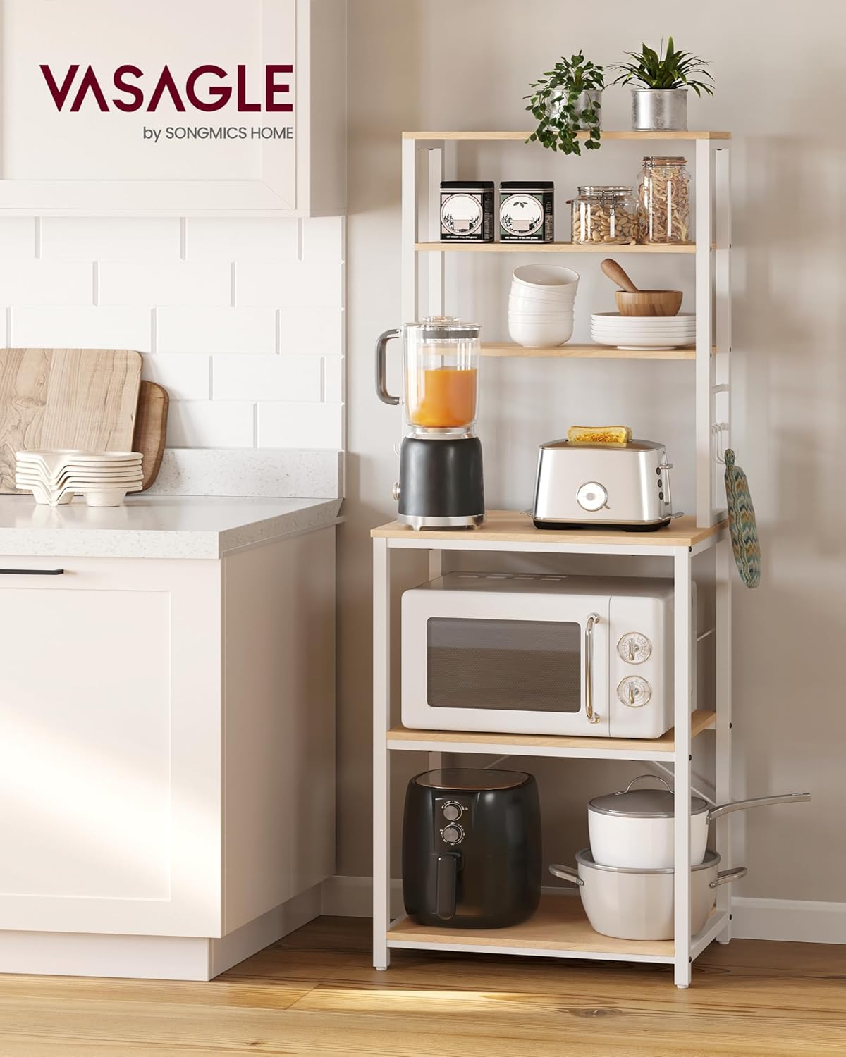 VASAGLE Coffee Bar, Baker’s Rack for Kitchen with Storage, 6-Tier Kitchen Shelves with 6 Hooks, Microwave Stand, Industrial, 15.7 x 23.6 x 65.7 Inches, Oak Color and White UKKS024W09