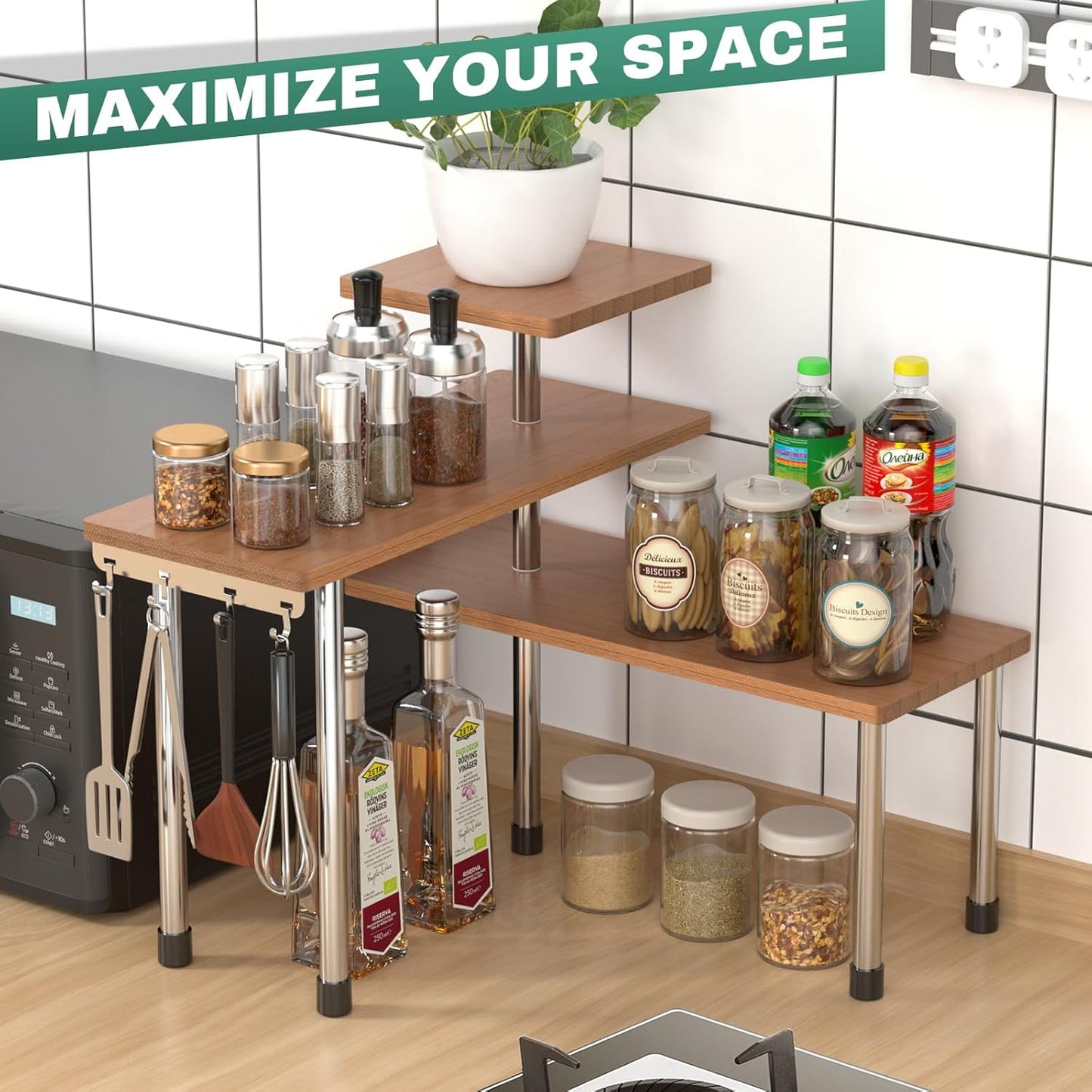 ZHWS Bathroom Counter Organizer Corner Countertop Shelf Adjustable 3 Tier Corner Shelf Kitchen Counter Organizer with 4 Metal Hooks for Bathroom Counter, Makeups, Dresser Table, Over Sink