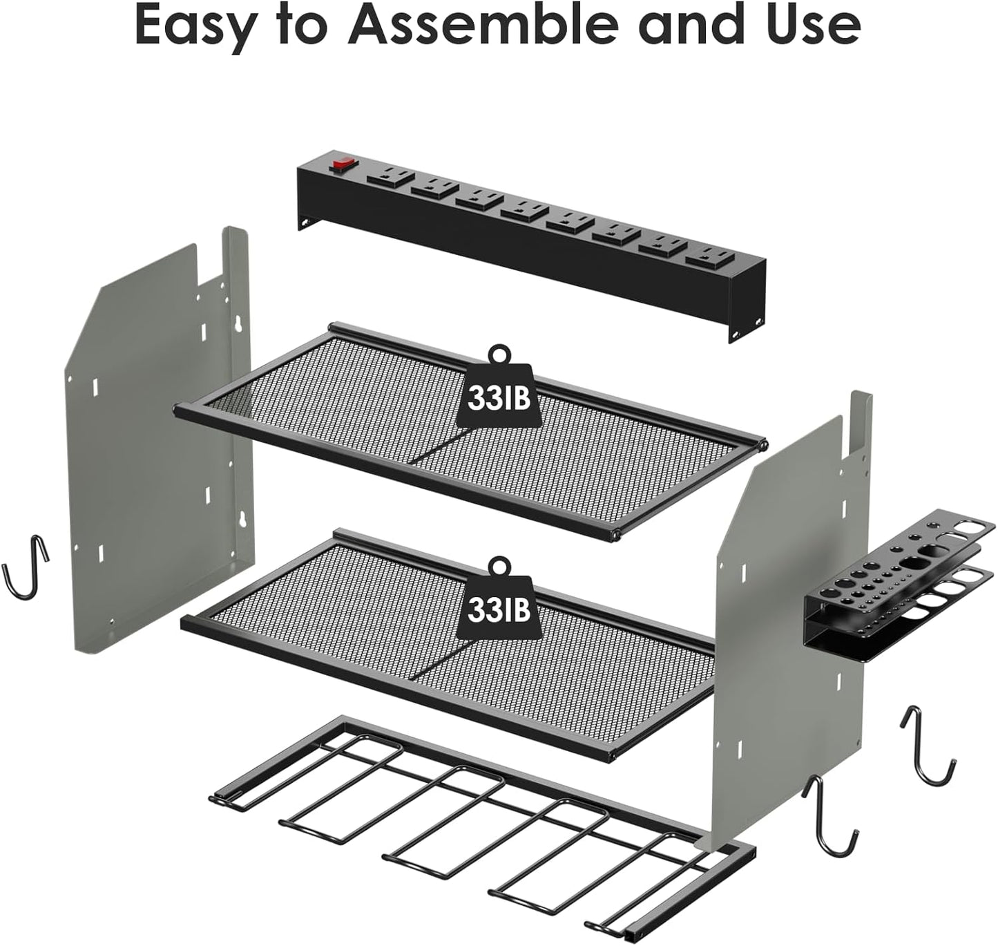 CCCEI Modular Power Tool Organizer Wall Mount with Charging Station. Garage Drill Storage Shelf with Hooks, Heavy Duty Rack, Tool Battery Holder Built in 8 Outlet. Gift for Men. Grey, 1 Pack.