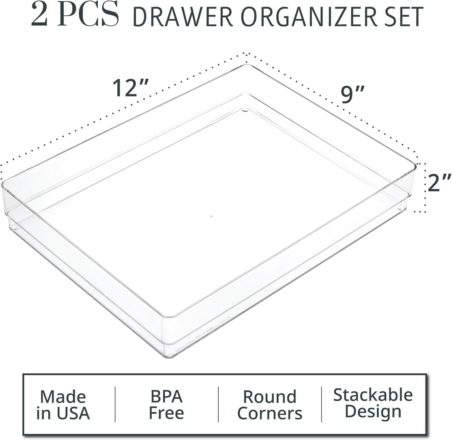 STORi SimpleSort 2-Piece Stackable Clear Drawer Organizer Set | 12" x 9" x 2" Rectangle Trays | Wide Makeup Vanity Storage Bins and Office Desk Drawer Dividers | Made in USA