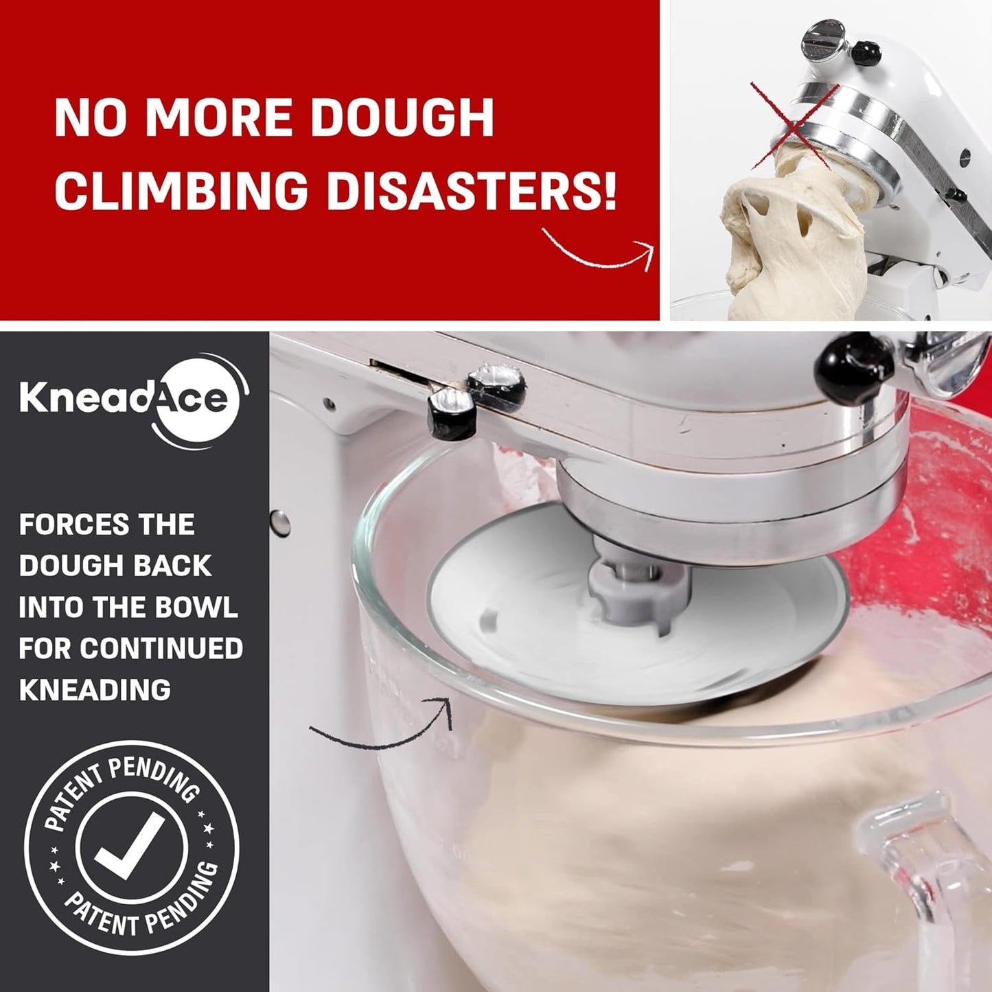 KneadAce Dough Hook Shield For Kitchen Aid - Prevents Your Dough from Climbing Up and Clogging Up Your Mixer – Mess Free Mixer Accessory Compatible With Most KitchenAid C Shape Dough Hooks (White)