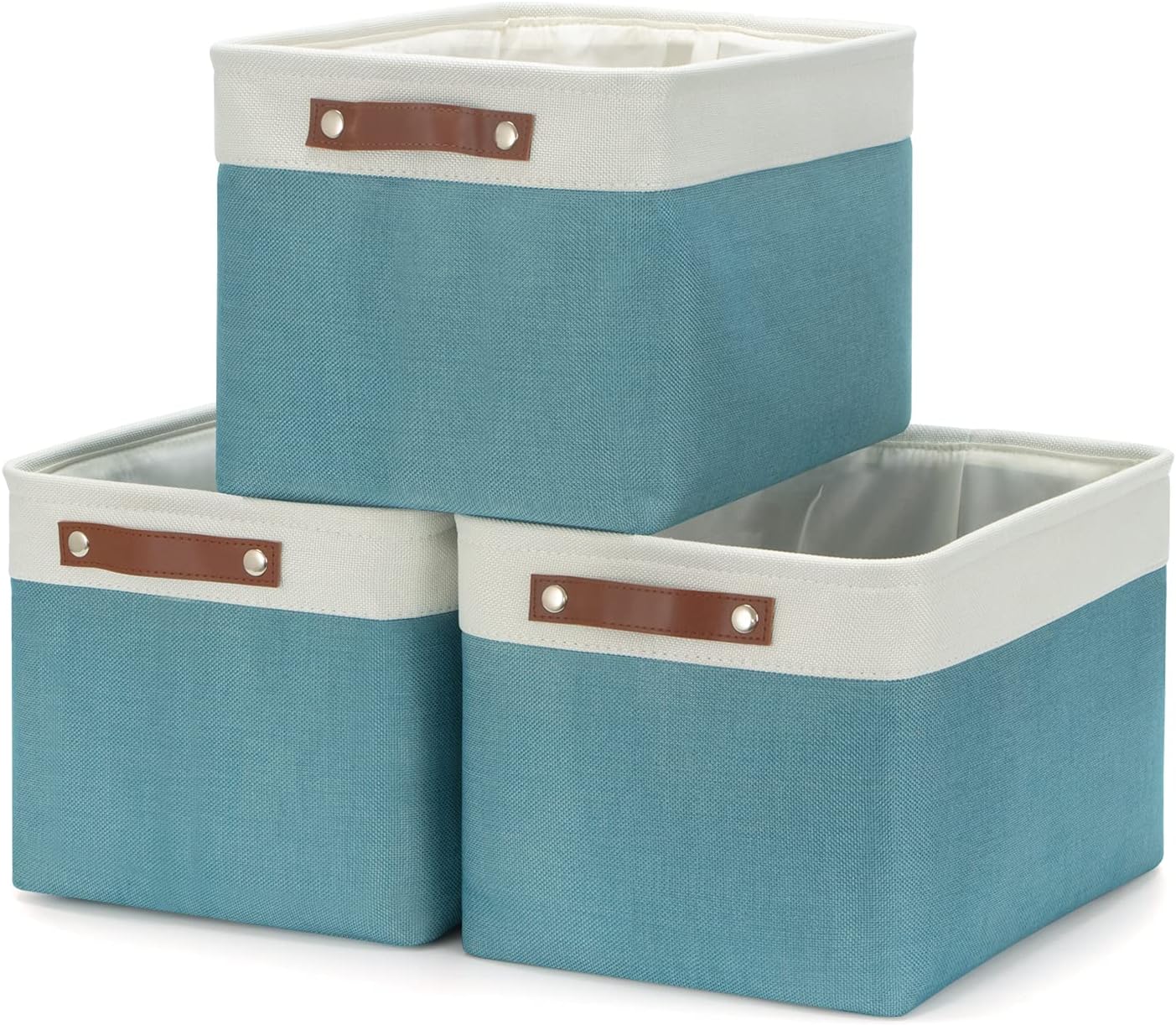 HNZIGE Storage Baskets Bins (3 Pack) Large Shelf Baskets for Clothes, Decorative Storage Bins with Handles, Canvas Collapsible Storage Bins for Organizing Storage (Gray&Teal, 15" X 11" X 9.5")