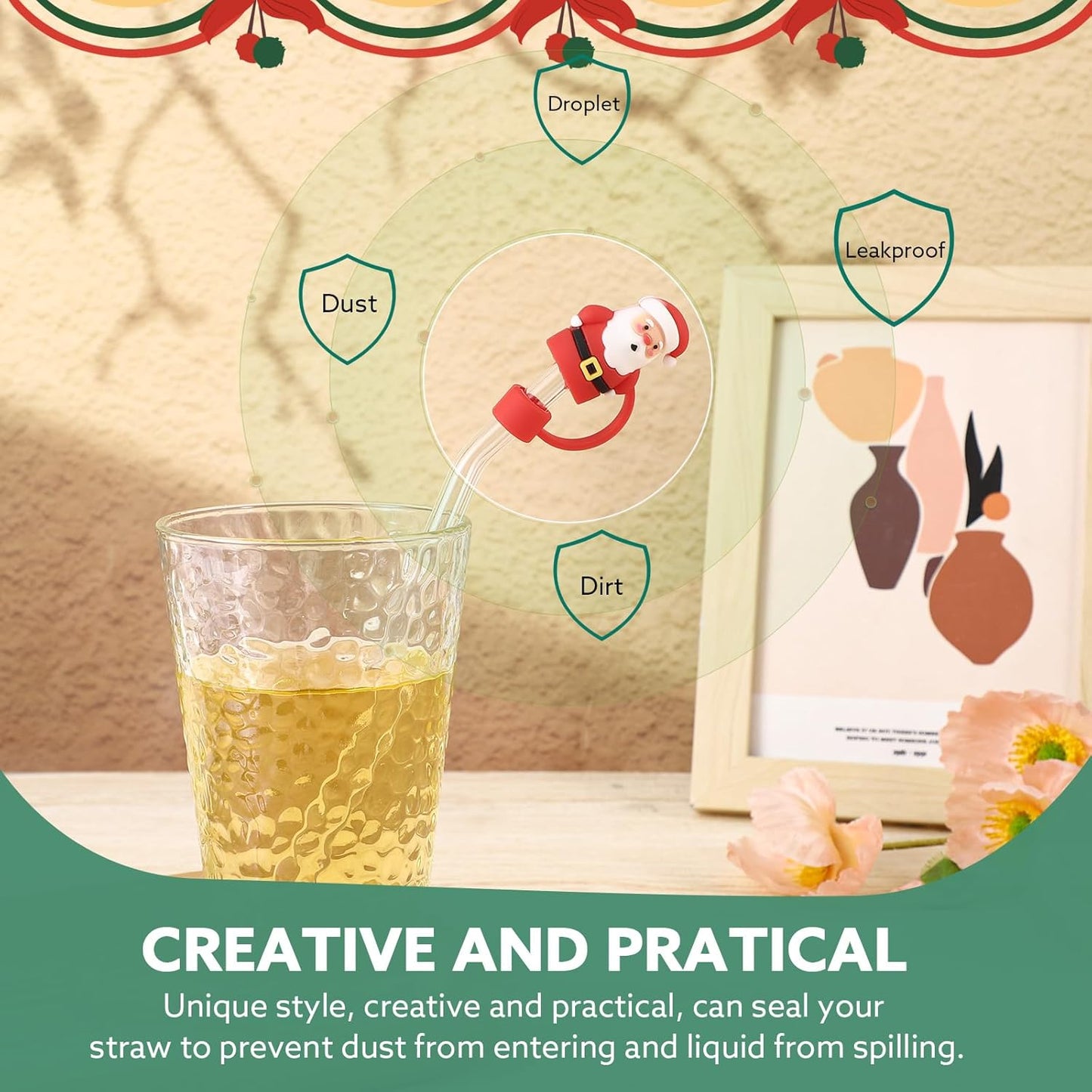 8 PCS Christmas Straw Topper, Straws Cover for Stanley 30&40 Oz Tumbler, Cute Christmas Straws Caps in Various Shapes, Drinking Straw Tip Covers for 0.4 Inch/10 mm Straw