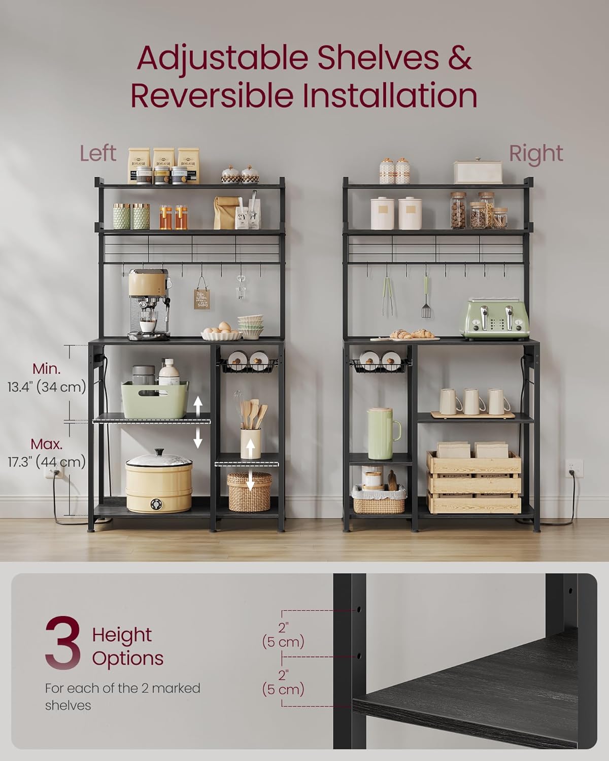 VASAGLE Bakers Rack with Power Outlet, 35.4 Inches Microwave Stand, Coffee Bar, 4 AC Outlets, with Adjustable Shelves, 8 S-Hooks, Basket, Spice Racks, Charcoal Gray and Ink Black UKKS031B22