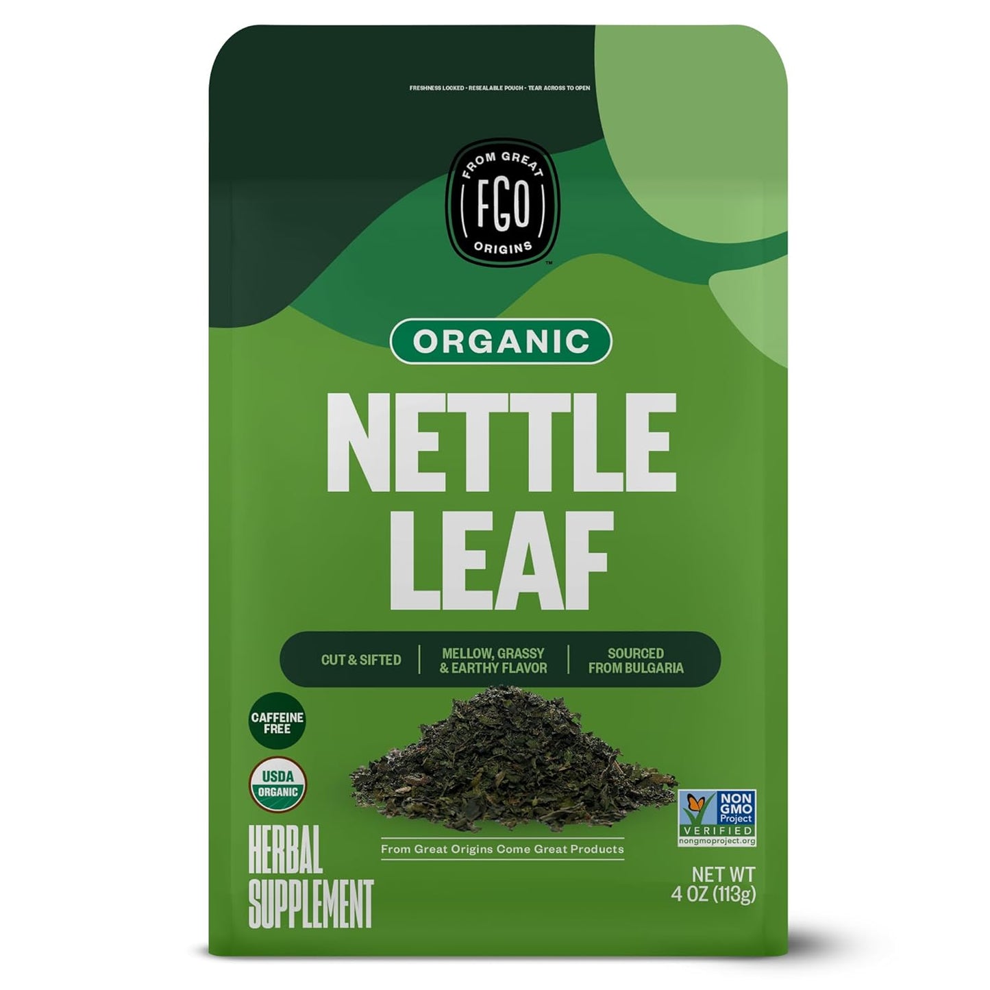 FGO Organic Nettle Leaf Loose Tea, Cut and Sifted, Caffeine Free, 4oz Resealable Bag, Packaging May Vary (Pack of 1)