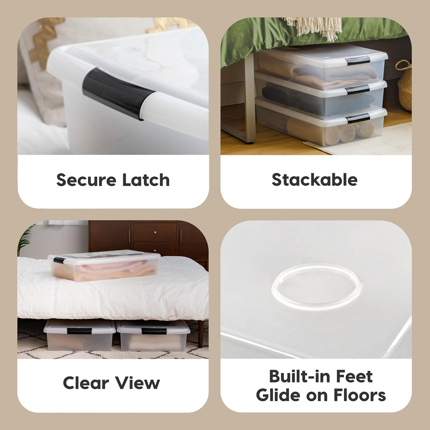 IRIS USA 40 Qt Plastic Under Bed Storage Nestable Organizer Bin Container with Secure Lids and Durable Buckles, 3-Pack, Under Bed Storage Containers for Clothes Shoes Bedding, Black/Clear