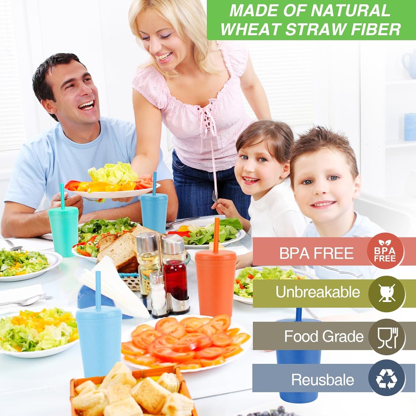 10 oz Wheat Straw Cups with Lids and Silicone Straws, Unbreakable Drinking Glasses, Plastic Cups for Kitchen, Small Tumbler Cups with Cleaning Brush, BPA Free, Dishwasher & Microwave Safe, 6 Pack