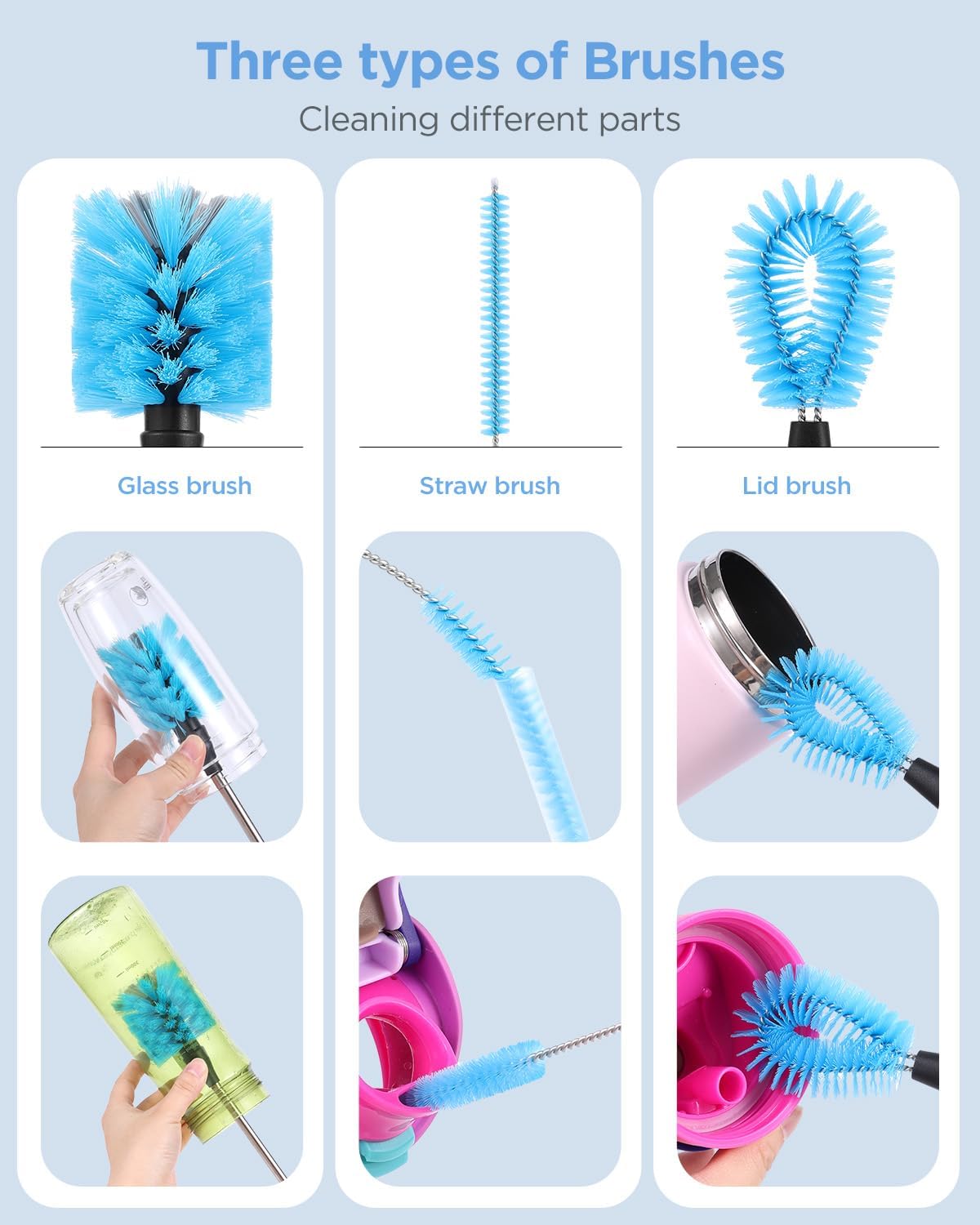 EasyAcc Water Bottle Cleaner Brush, 3 Pack 15 Inches Straw Brush Cleaner for Owala Stanley Hydroflask, Long Handle, with Straw Cleaner & Nipple Brush, for Coffee Mugs, Ice Tea Jars