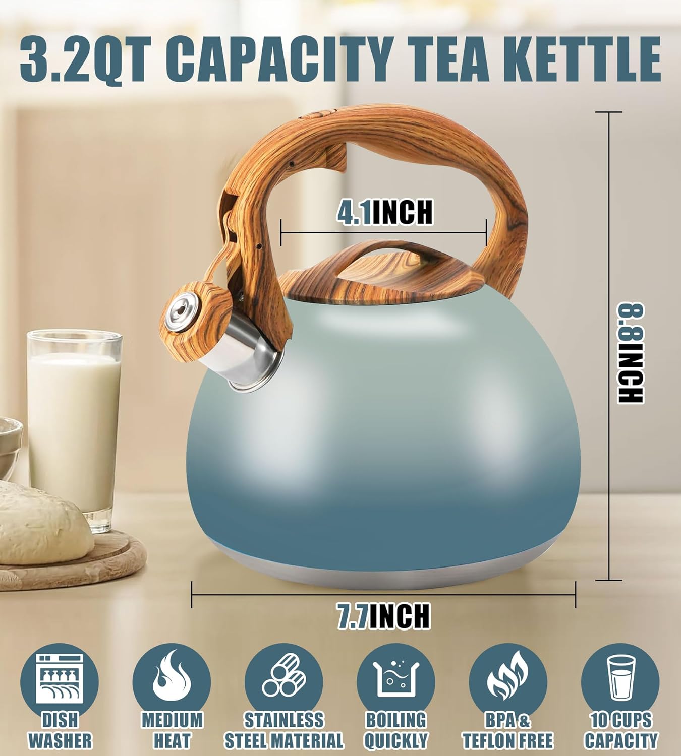 Tea Pot, 3.2Qt Tea Kettle Stovetop, Food Grade Stainless Steel Tea Kettle,Suitable for Various Heat Sources,One-Button Switch (Grayish Blue Gradient)