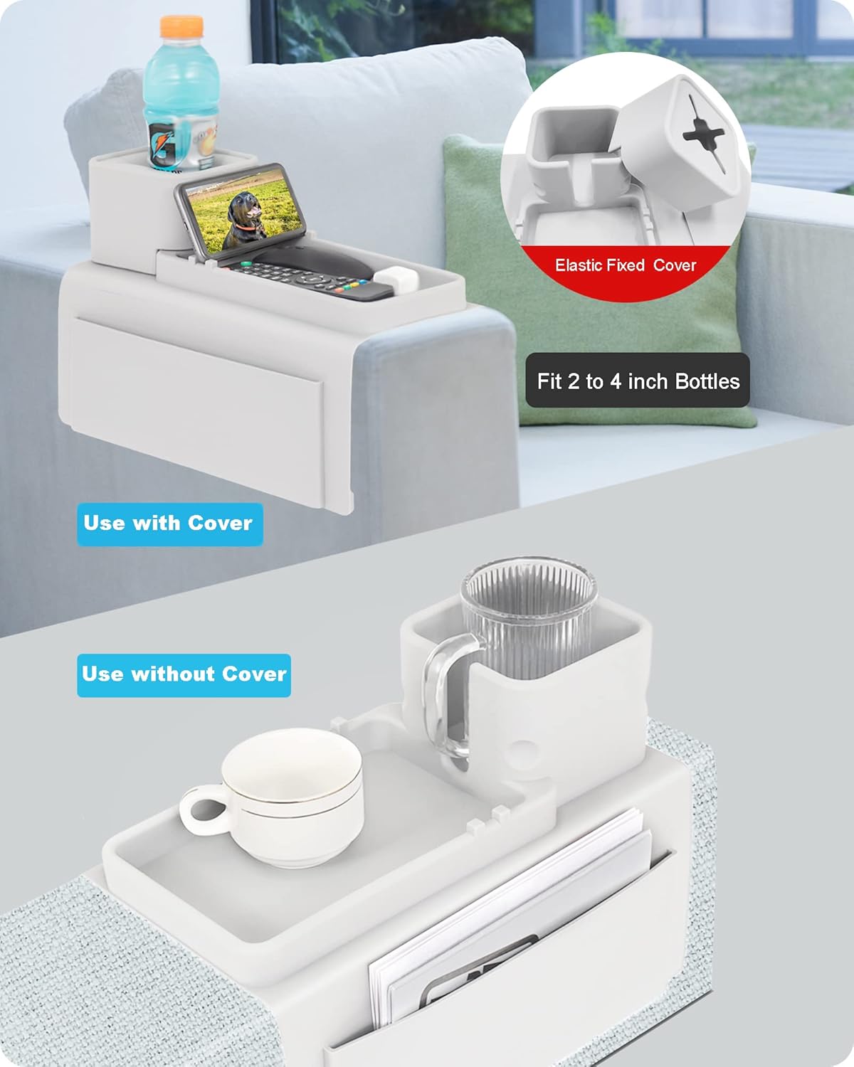 Couch Cup Holder Tray, VIENFUT Silicone Anti-Slip Sofa Armrest Tray with Side Pockets, BPA-Free Anti-Spill Couch Drink Holder for YETI, Remote, Snacks, Cellphone and iPad, Ideal Gift (Peach)